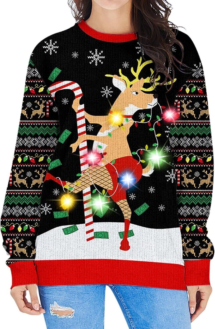 Women LED Light Up Ugly Christmas Sweater Reindeer Xmas Sweater (L)